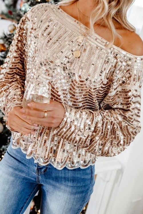 Long Sleeve Waisted Ruffle Sequin Tops