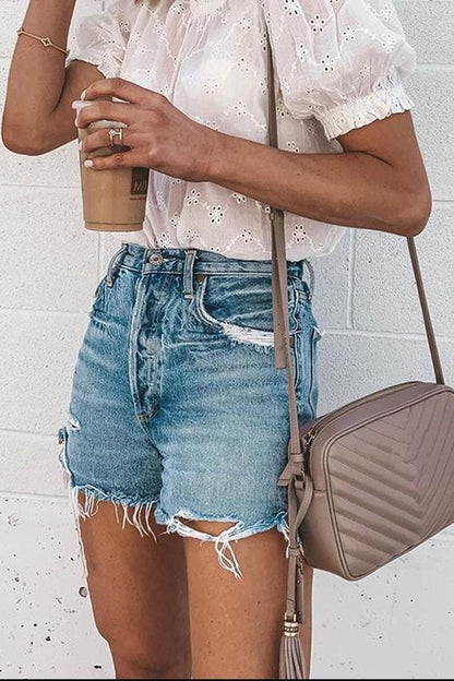 Mid Waist Raw Hem Ripped Denim Shorts