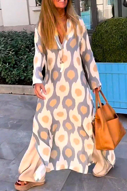 V Neck Side Split Printed Maxi Holiday Dress