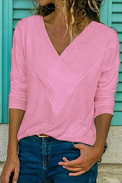 V-neck Long Sleeve Solid Basic Shirts