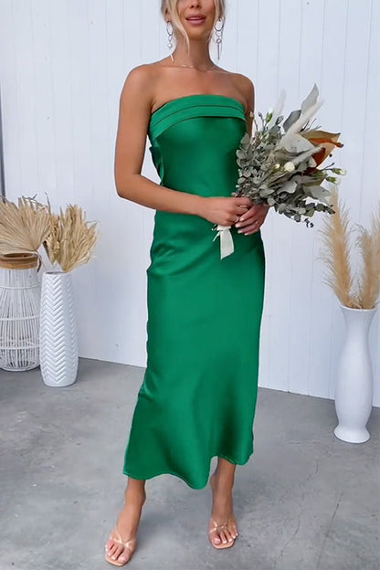 Backless Tube Top Solid Satin Maxi Party Dress