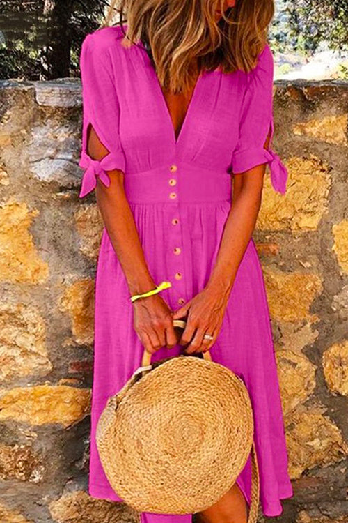 V Neck Bow Knot Sleeves Button Down Midi Swing Dress