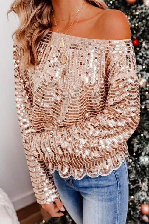 Long Sleeve Waisted Ruffle Sequin Tops