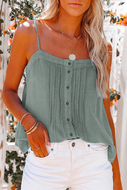Buttons Square Collar Ruched Cami Top