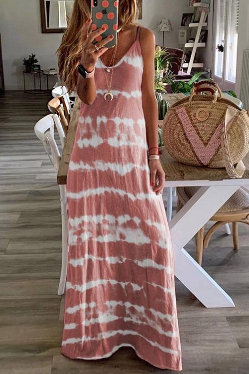 V Neck Tie Dye Casual Maxi Cami Dress