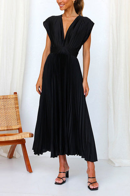 Deep V Neck Waisted Maxi Pleated Swing Dress
