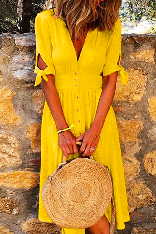 V Neck Bow Knot Sleeves Button Down Midi Swing Dress