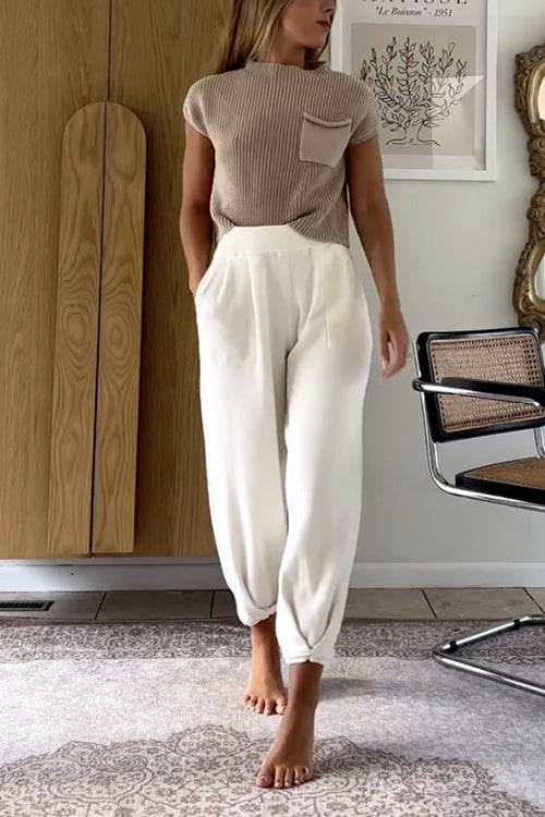 Mockneck Short Sleeves Top Pocketed Harem Pants Knitting Set