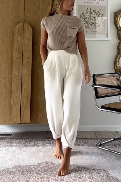 Mockneck Short Sleeves Top Pocketed Harem Pants Knitting Set