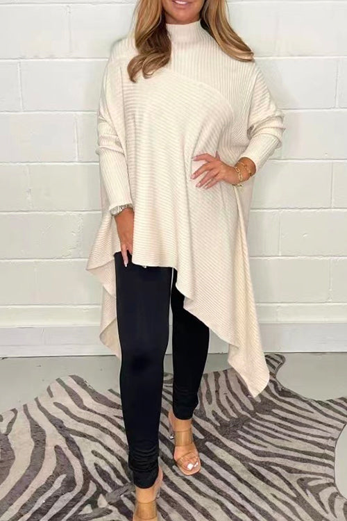 Oversized Turtleneck Asymmetric Hem Ribbed Knit Sweater