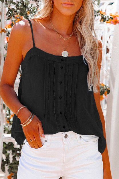 Buttons Square Collar Ruched Cami Top