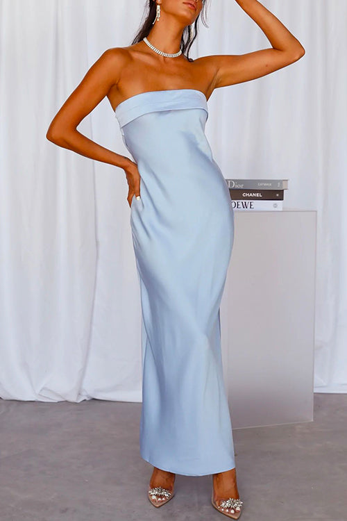 Backless Tube Top Solid Satin Maxi Party Dress