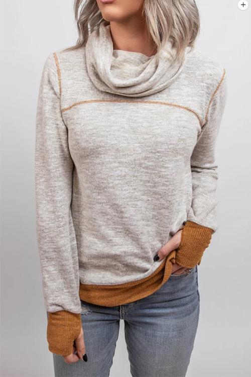 Casual Cowl Neck Color Block Pullover with Thumb Hole