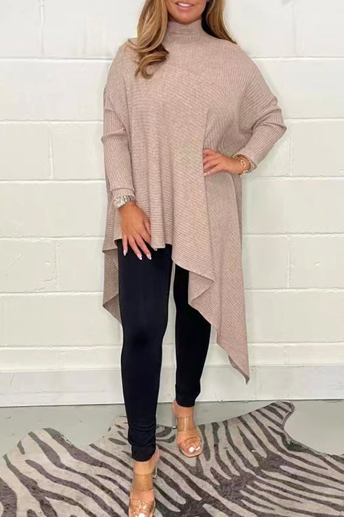 Oversized Turtleneck Asymmetric Hem Ribbed Knit Sweater