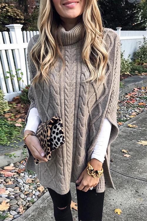 Solid Turtleneck Slit Sleeve Cloak Sweater