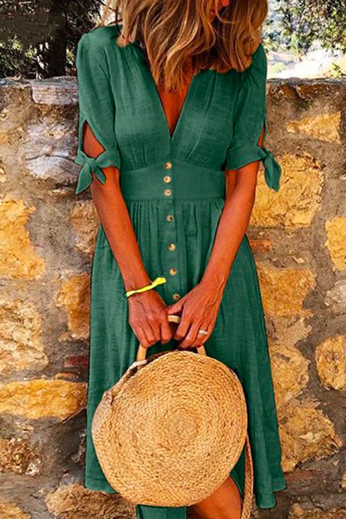 V Neck Bow Knot Sleeves Button Down Midi Swing Dress
