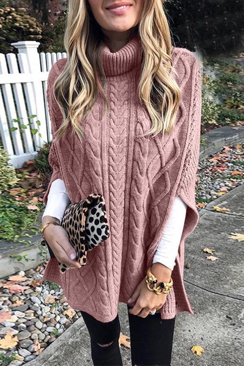 Solid Turtleneck Slit Sleeve Cloak Sweater
