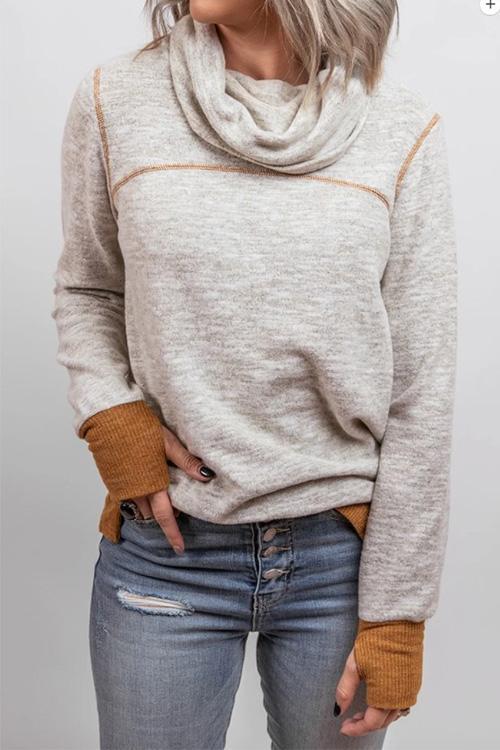 Casual Cowl Neck Color Block Pullover with Thumb Hole