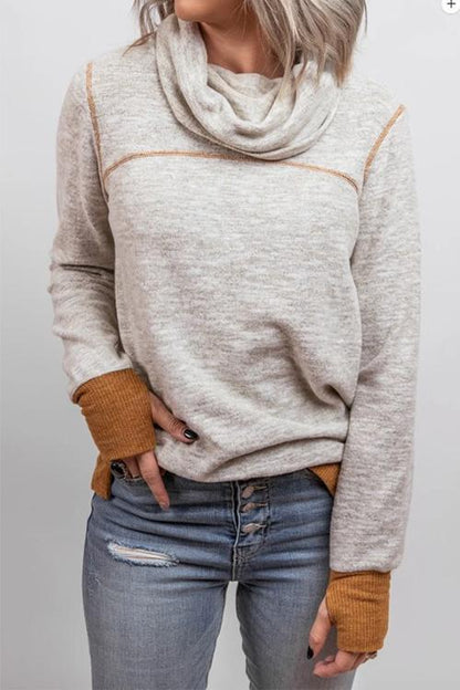 Casual Cowl Neck Color Block Pullover with Thumb Hole