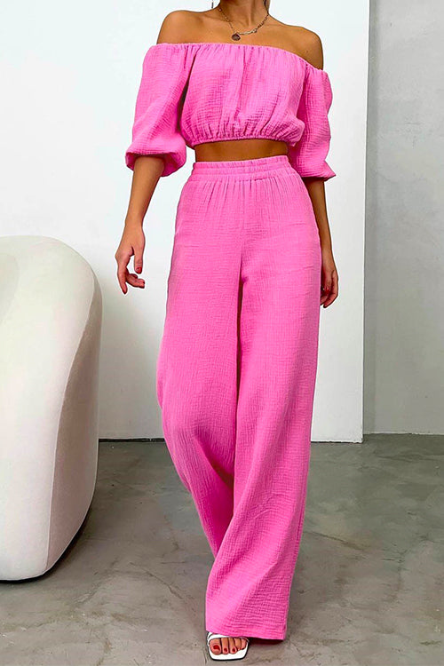 Off Shoulder Half Sleeves Crop Top Wide Leg Pants Set
