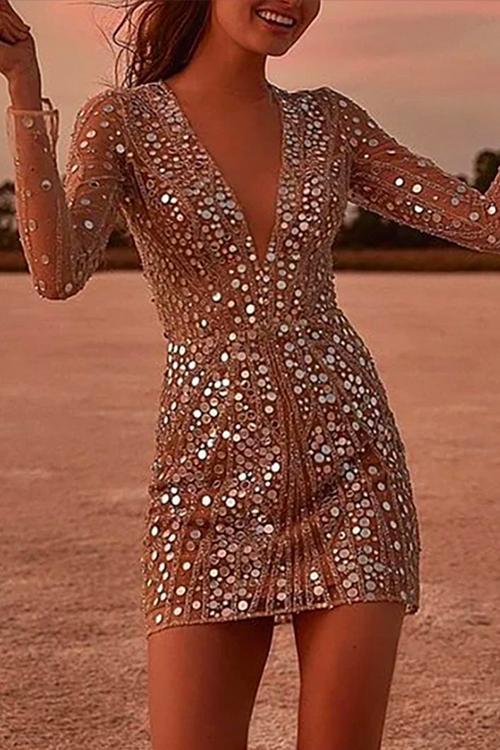 V Neck Mesh Sequin Mini Club Dress