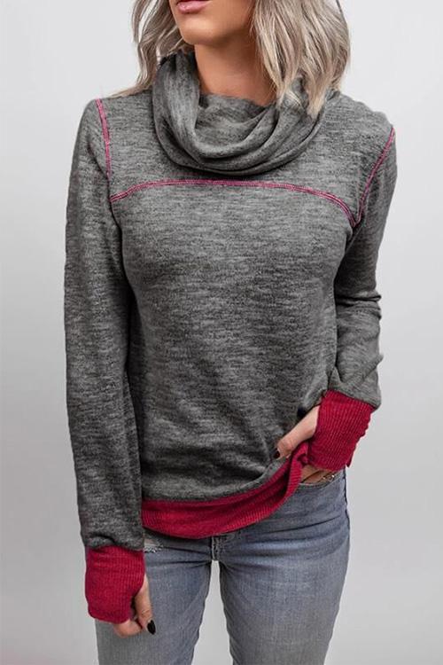 Casual Cowl Neck Color Block Pullover with Thumb Hole