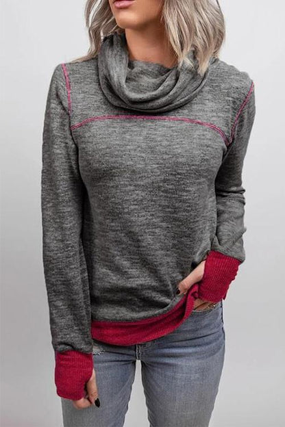 Casual Cowl Neck Color Block Pullover with Thumb Hole