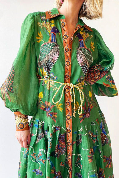 Puff Sleeves Button Down Birdie Printed Maxi Shirt Dress