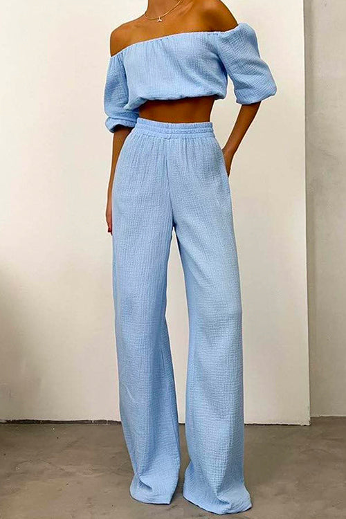 Off Shoulder Half Sleeves Crop Top Wide Leg Pants Set