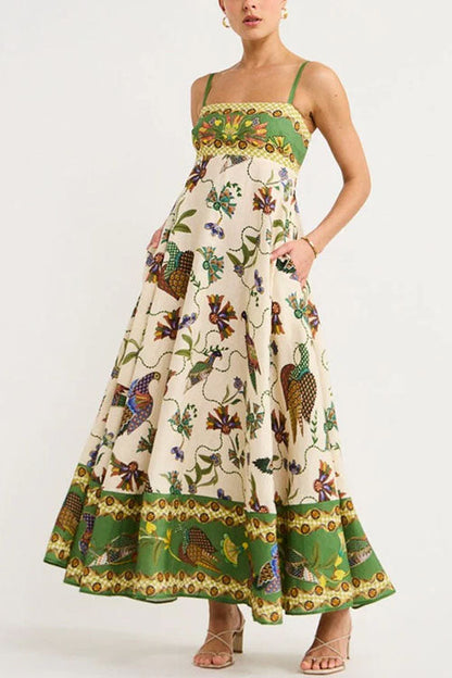 Spaghetti Strap Empire Waist Unique Print Swing Maxi Dress