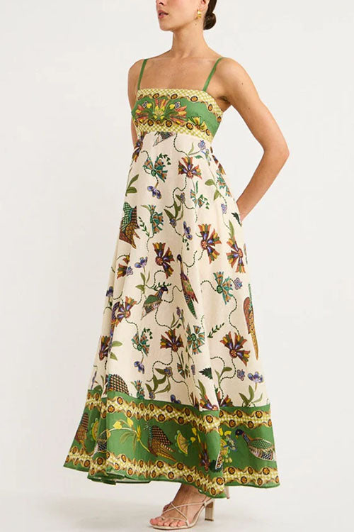 Spaghetti Strap Empire Waist Unique Print Swing Maxi Dress