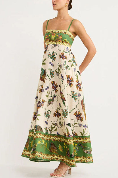 Spaghetti Strap Empire Waist Unique Print Swing Maxi Dress