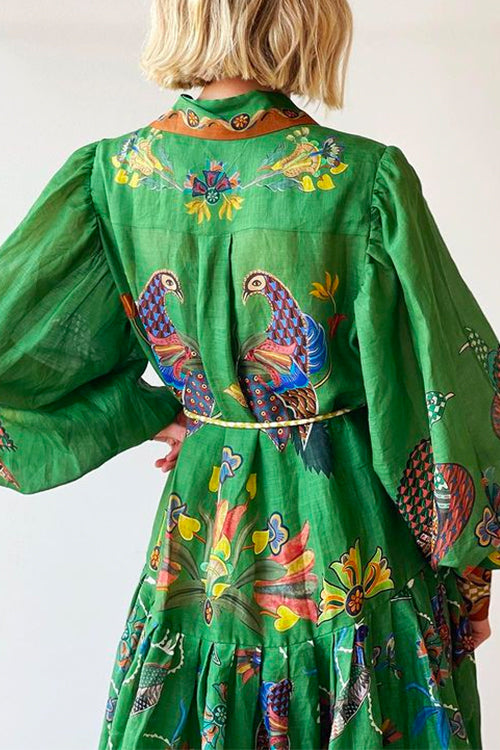 Puff Sleeves Button Down Birdie Printed Maxi Shirt Dress