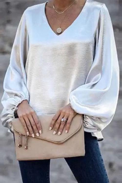 V Neck Lantern Sleeve Solid Loose Top