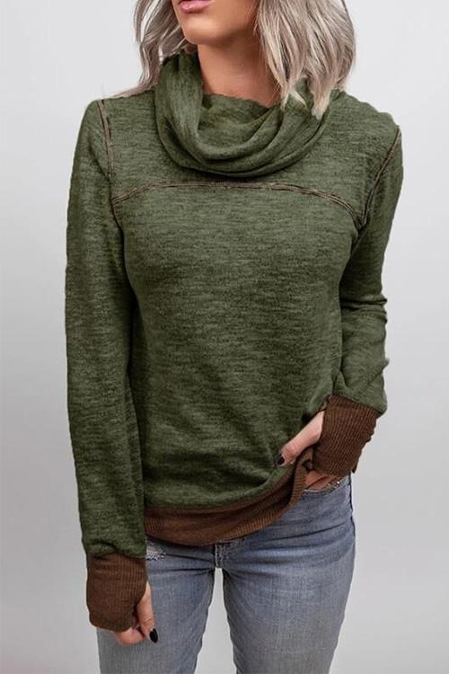 Casual Cowl Neck Color Block Pullover with Thumb Hole