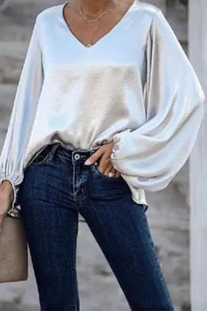 V Neck Lantern Sleeve Solid Loose Top
