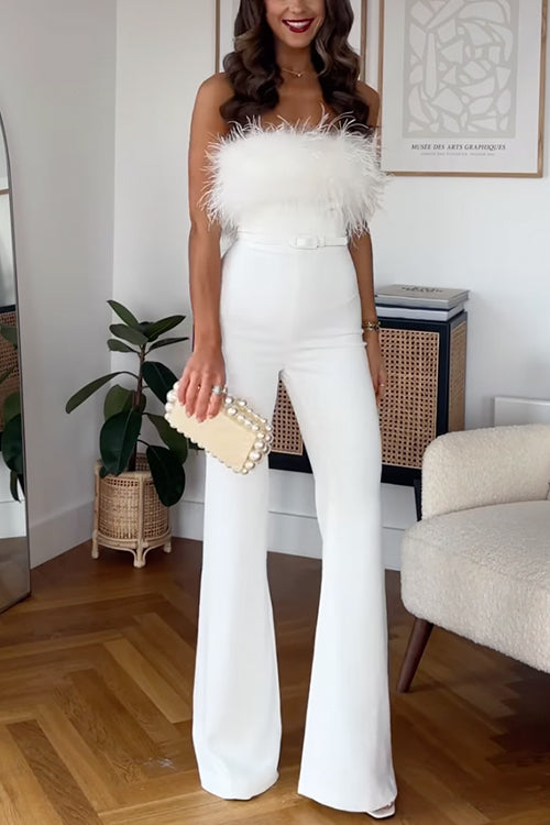 Strapless Feather Tube Top Flare Bottoms Jumpsuit