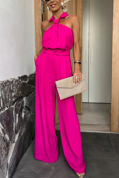 Collared Sleeveless Wide Leg Pocketed Jumpsuit
