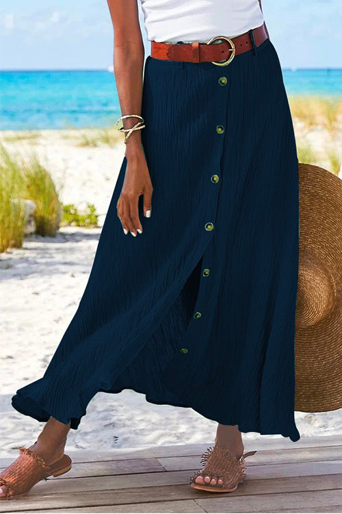 Button Down Cotton Linen A-line Maxi Skirt