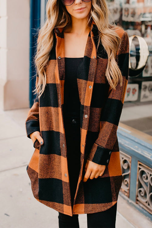 Vintage Curve Hem Button Down Plaid Shacket Jacket