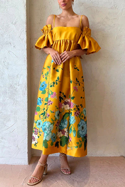 Cold Shoulder Ruffle Sleeves Bow Knot Back Floral Maxi Dress