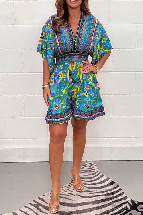 V Neck High Waist Wide Leg Printed Ruffle Romper