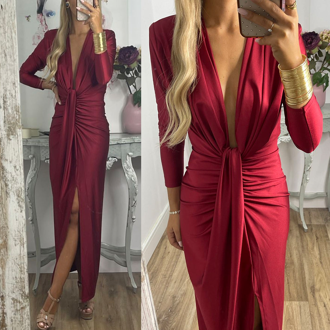 Deep V Neck Ruched Slit Maxi Bodycon Dress