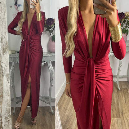 Deep V Neck Ruched Slit Maxi Bodycon Dress