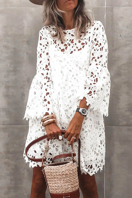 Bell Sleeves Hollow Out Lace Dress with Slip