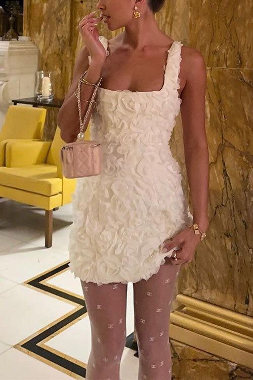 Chic Square Collar 3D Roses Sleeveless Mini Dress