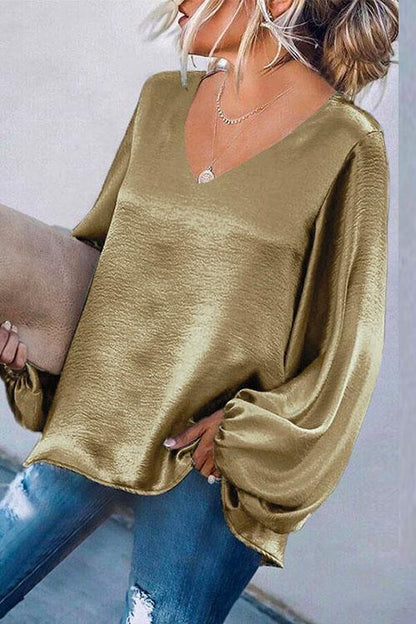 V Neck Lantern Sleeve Solid Loose Top