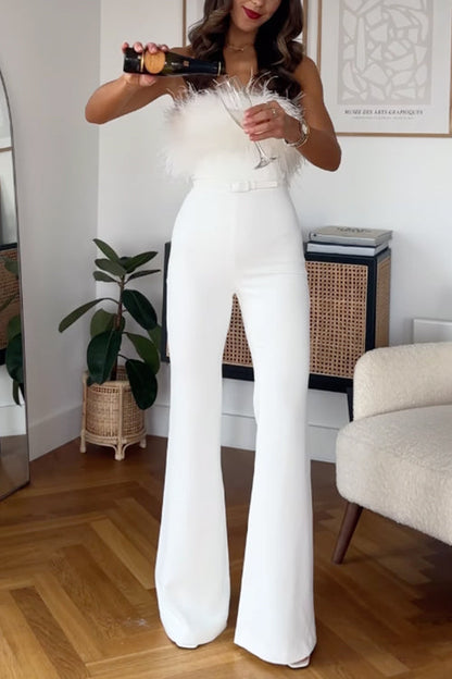 Strapless Feather Tube Top Flare Bottoms Jumpsuit