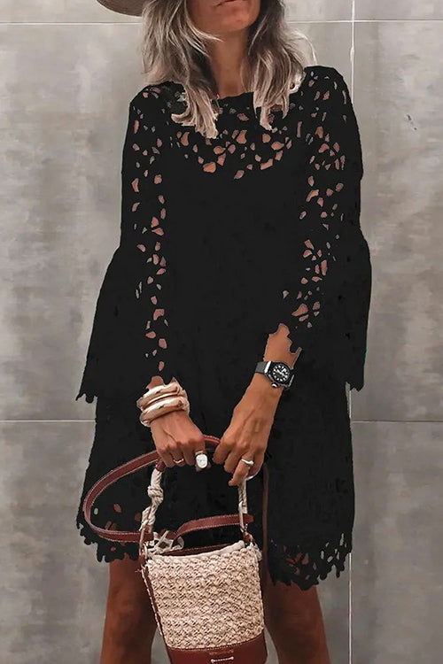 Bell Sleeves Hollow Out Lace Dress with Slip