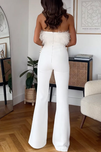 Strapless Feather Tube Top Flare Bottoms Jumpsuit